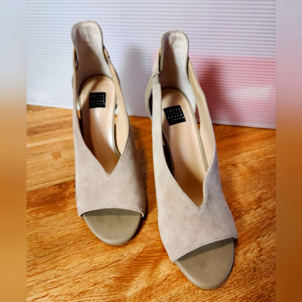 7.5 White House Black Market Grace Taupe Suede Open-toed High Heel Shoes